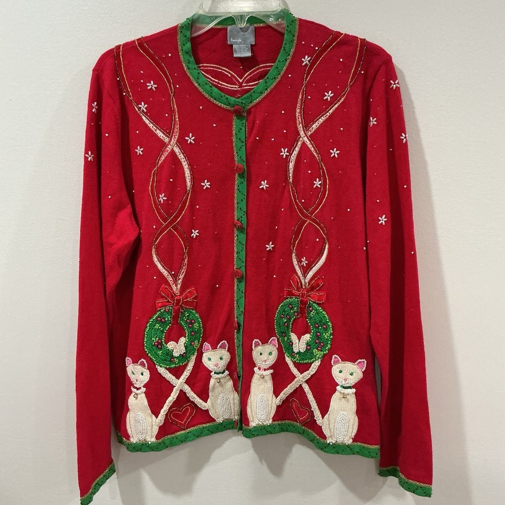 Vintage Berek Christmas Cats Cardigan Sweater Womens XL Red Novelty Grannycore